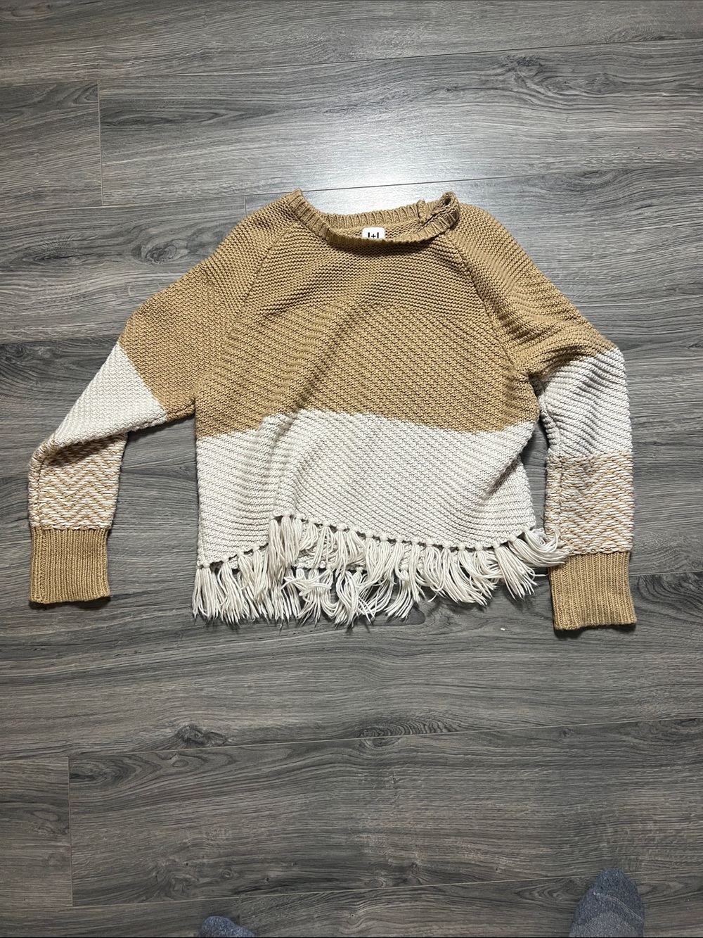 John + Jenn Tan and Cream Fringe Hem Colorblock Crewneck Sweater